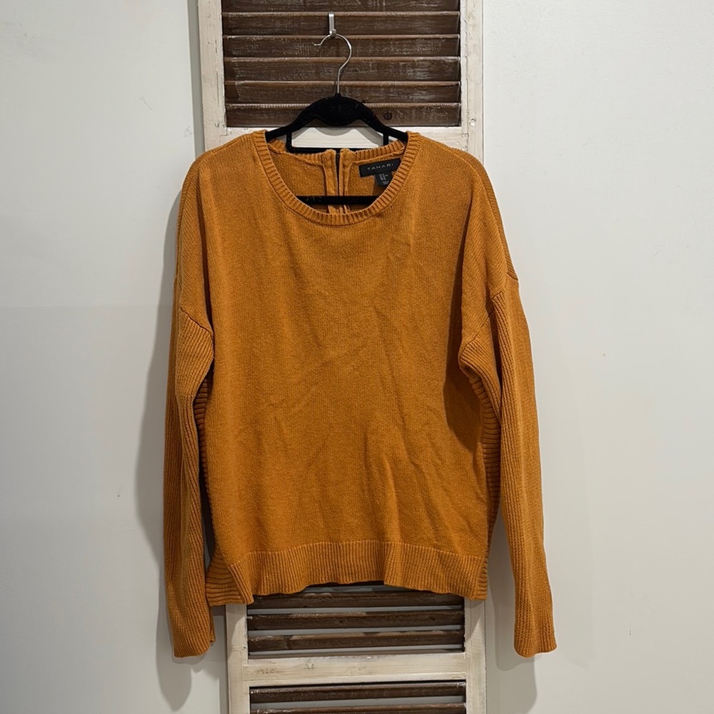 Tahari Orange Crewneck Sweater with Ribbed Details